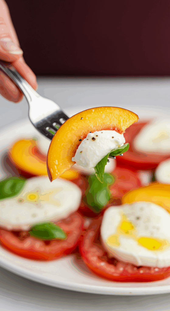 A forkful of the finished, fresh Peach Caprese Salad.