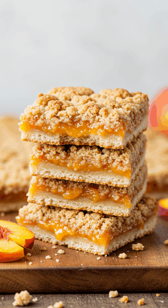A beautiful stack of homemade Peach Crumb Bars, with one broken to show the juicy peach filling.