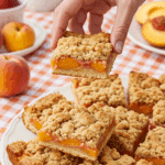 A hand taking a delicious Peach Crumb Bar from a platter at a summer picnic.