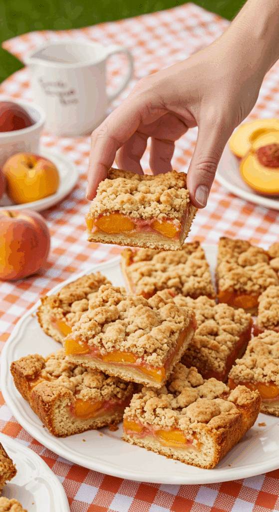 A hand taking a delicious Peach Crumb Bar from a platter at a summer picnic.