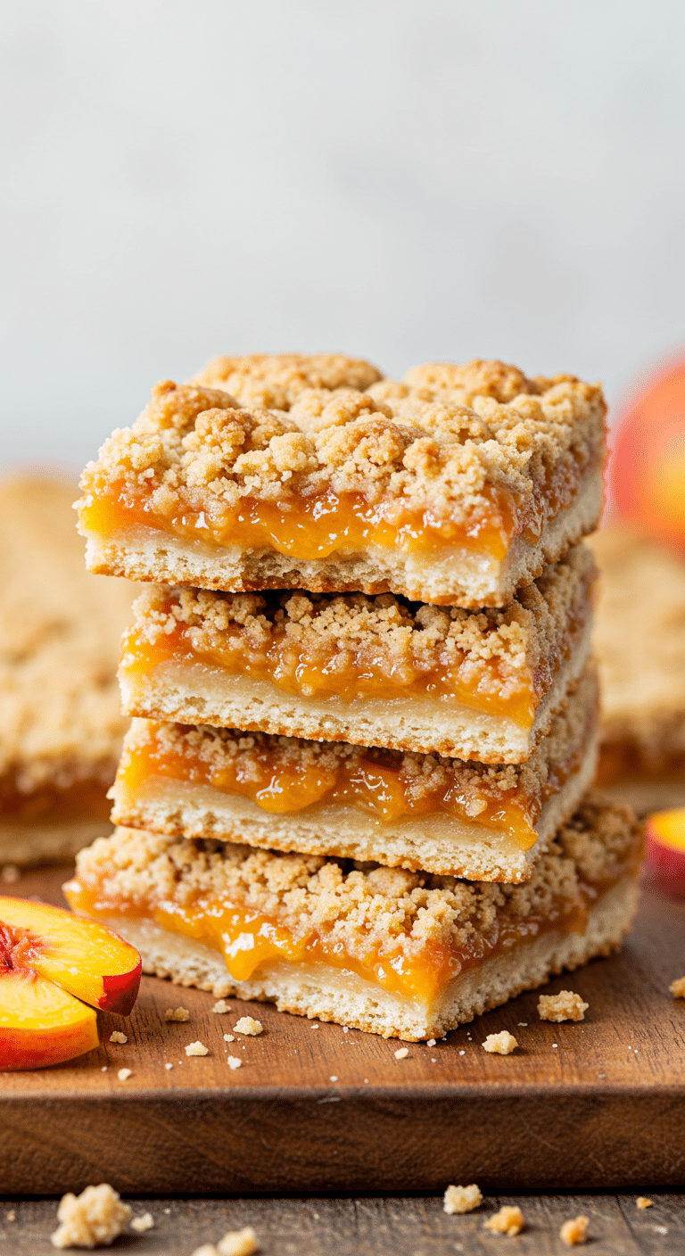 A beautiful stack of homemade Peach Crumb Bars, with one broken to show the juicy peach filling.
