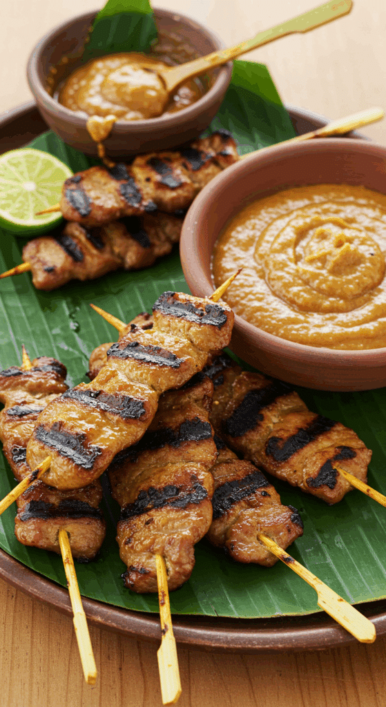 A platter of homemade, grilled Pork Satay skewers with a bowl of peanut sauce.