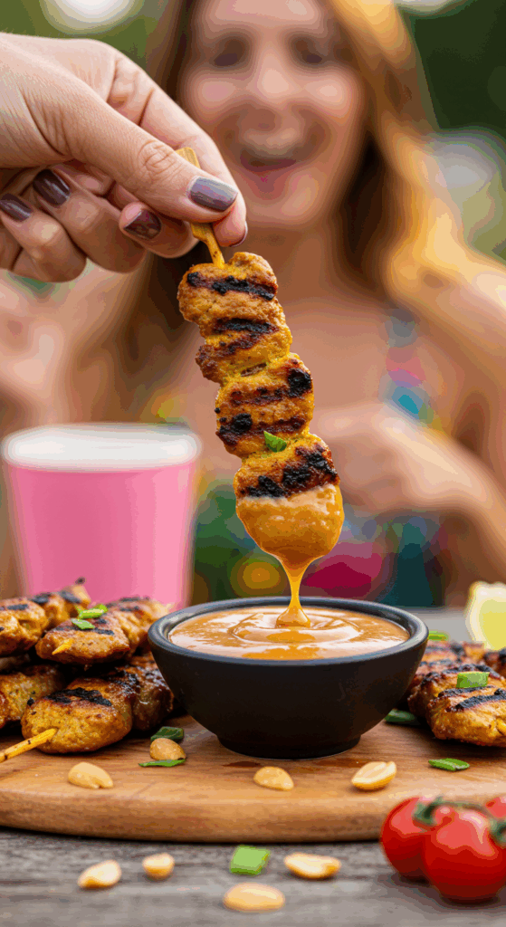 A hand dipping a grilled Pork Satay skewer into a bowl of peanut sauce.