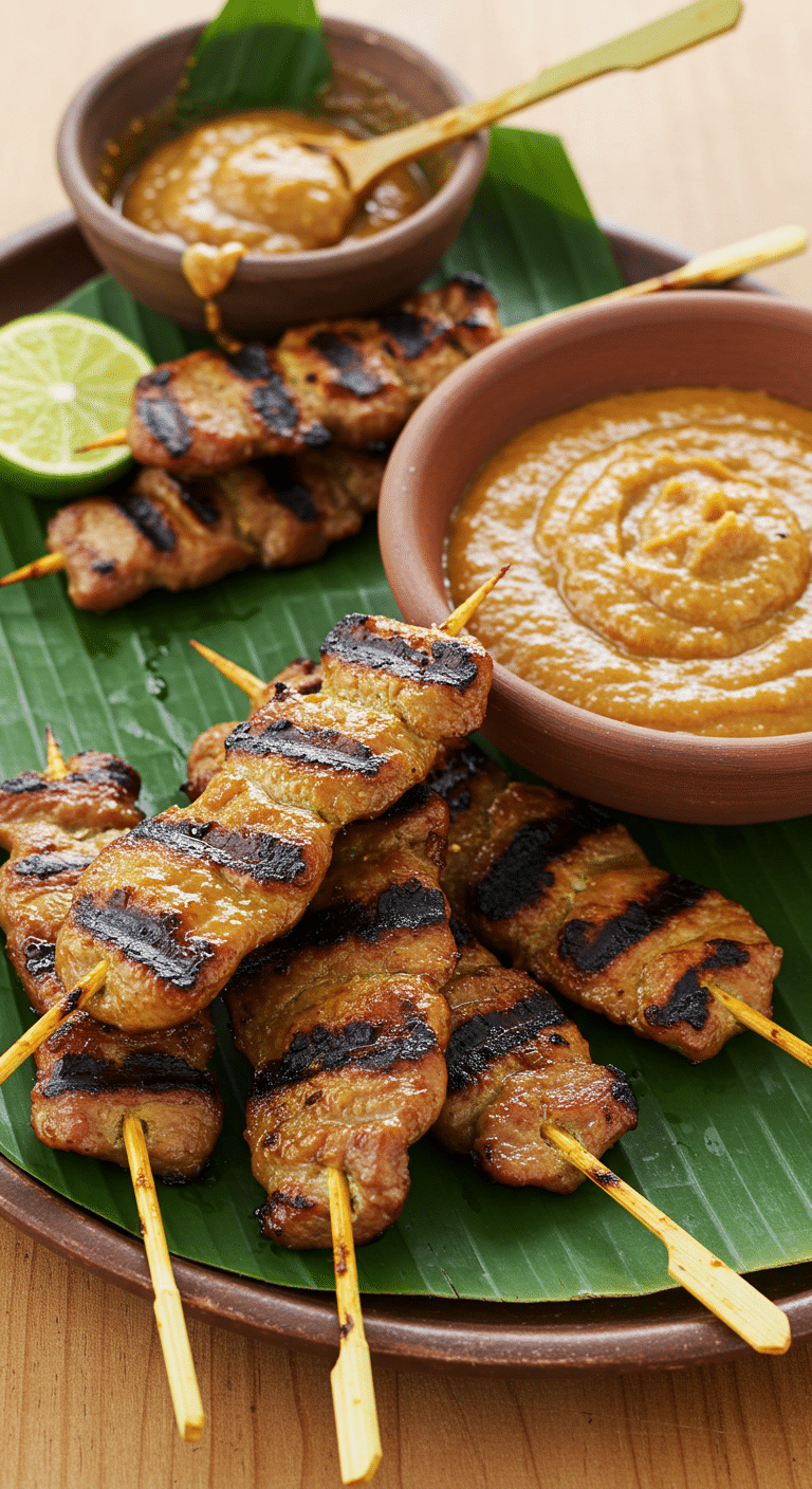 A platter of homemade, grilled Pork Satay skewers with a bowl of peanut sauce.