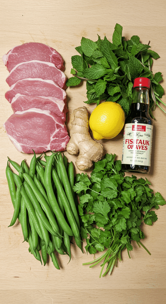 The fresh ingredients for the Pork and Green Bean Stir-Fry recipe.