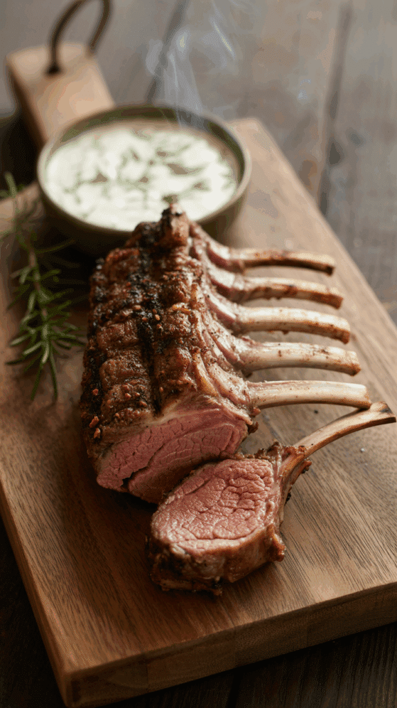 A perfectly grilled, medium-rare Spice-Rubbed Rack of Lamb, sliced on a cutting board.