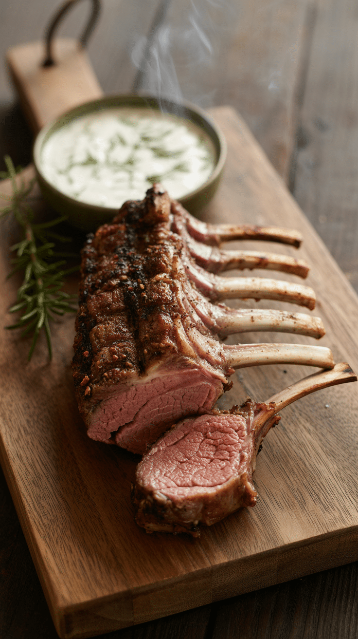 A perfectly grilled, medium-rare Spice-Rubbed Rack of Lamb, sliced on a cutting board.
