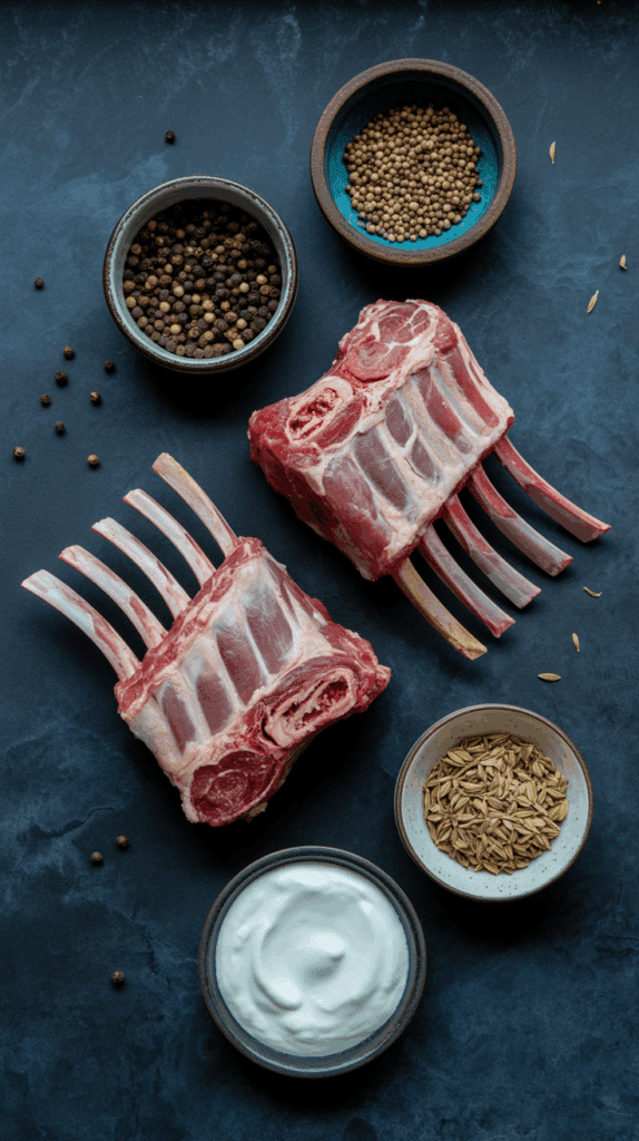 Ingredients for the Spice-Rubbed Rack of Lamb Recipe, including whole spices.