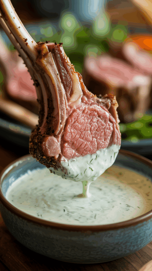 A hand dipping a cooked lamb chop into a bowl of creamy yogurt sauce.