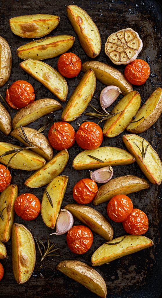 A sheet pan of homemade, crispy Roasted Potatoes and Tomatoes.