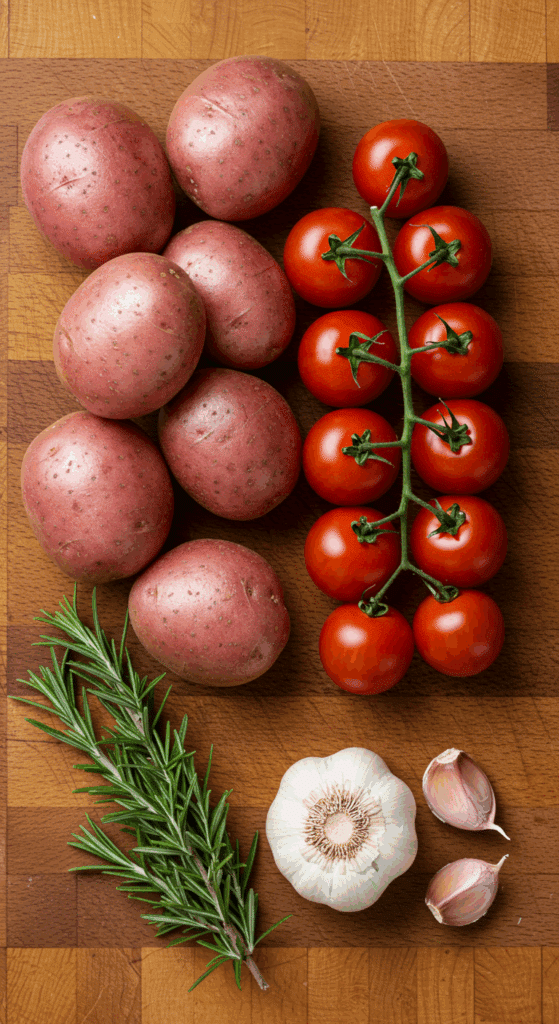 Fresh ingredients for the easy Roasted Potatoes and Tomatoes recipe.