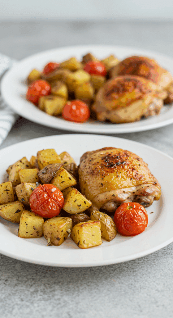 A plated meal of roasted chicken with a side of Roasted Potatoes and Tomatoes.