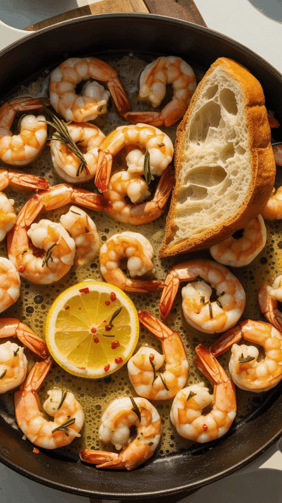 A skillet of homemade, elegant Garlic & Herb Roasted Shrimp with lemon.