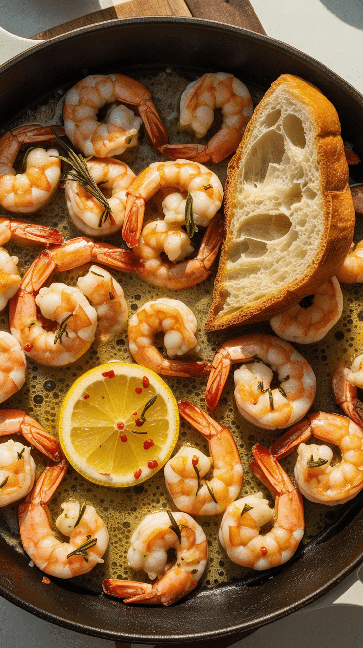 A skillet of homemade, elegant Garlic & Herb Roasted Shrimp with lemon.