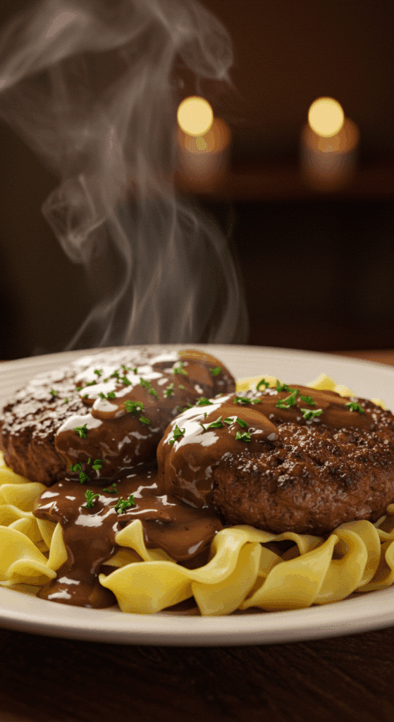 A comforting plate of homemade Salisbury Steak with Mushrooms and gravy, served over egg noodles.