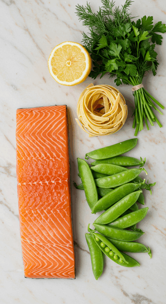 Fresh ingredients for the Fettuccine with Salmon and Snap Peas recipe.