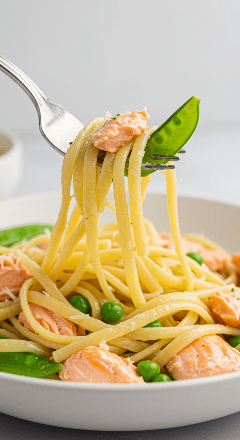 A bowl of homemade, fresh Fettuccine with Salmon and Snap Peas.