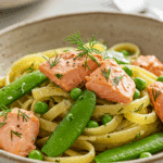A forkful of the finished Fettuccine with Salmon and Snap Peas.