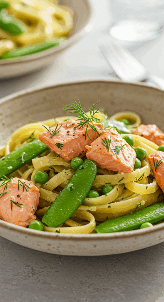 A forkful of the finished Fettuccine with Salmon and Snap Peas.