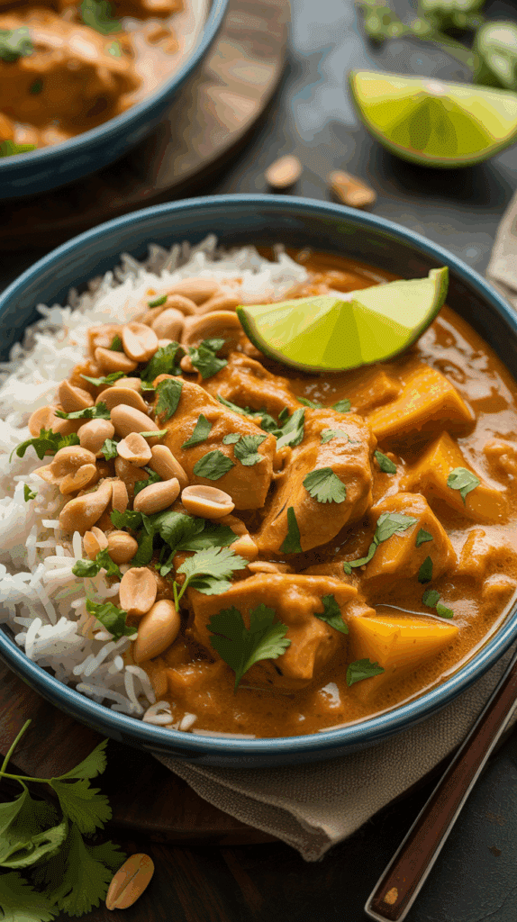A rich and creamy bowl of Slow-Cooker Chicken Curry with rice, peanuts, and cilantro.