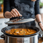A person lifting the lid of a slow cooker to reveal the finished, aromatic chicken curry.