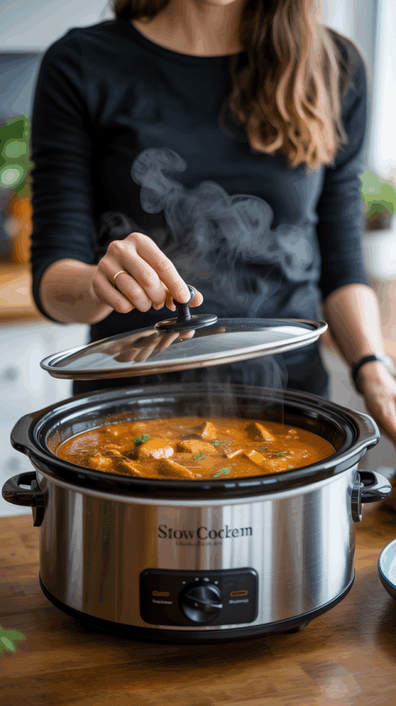 A person lifting the lid of a slow cooker to reveal the finished, aromatic chicken curry.