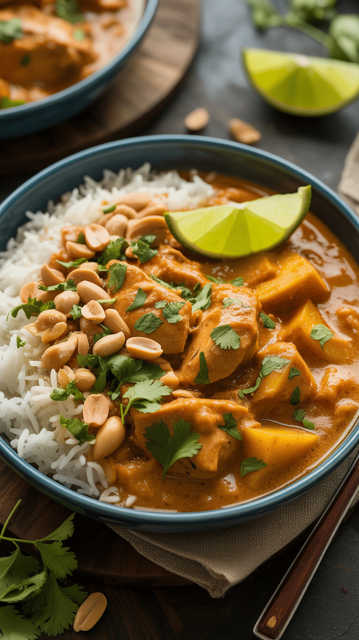 A rich and creamy bowl of Slow-Cooker Chicken Curry with rice, peanuts, and cilantro.