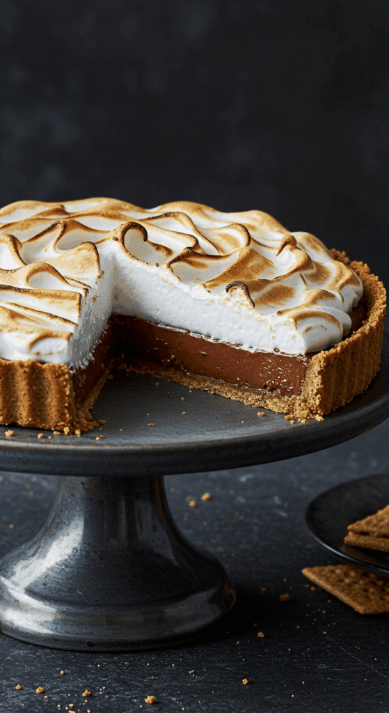 A stunning, elegant No-Bake S'mores Tart with a slice removed to show the layers of ganache and toasted meringue.