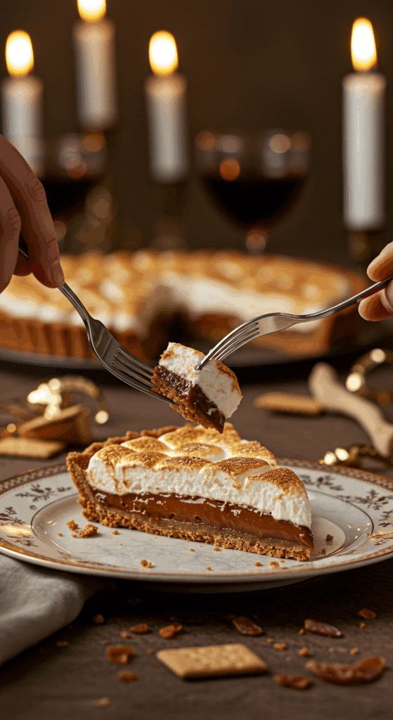 A perfect slice of the No-Bake S'mores Tart being served at an elegant dinner party.