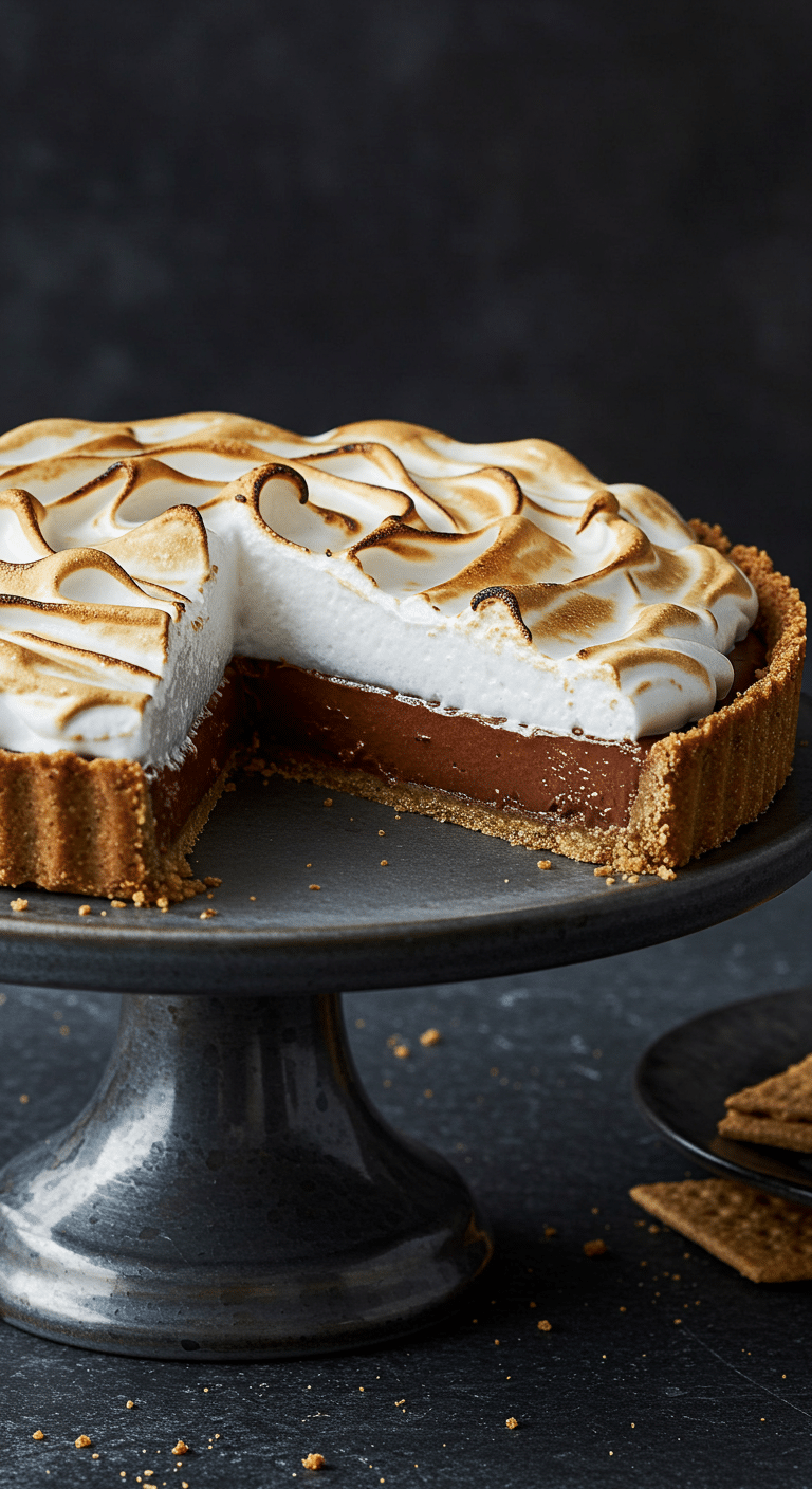 A stunning, elegant No-Bake S'mores Tart with a slice removed to show the layers of ganache and toasted meringue.