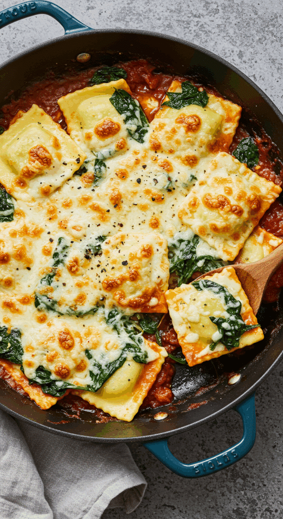 A one-pan skillet of cheesy, bubbly, and golden-brown Baked Spinach Ravioli.