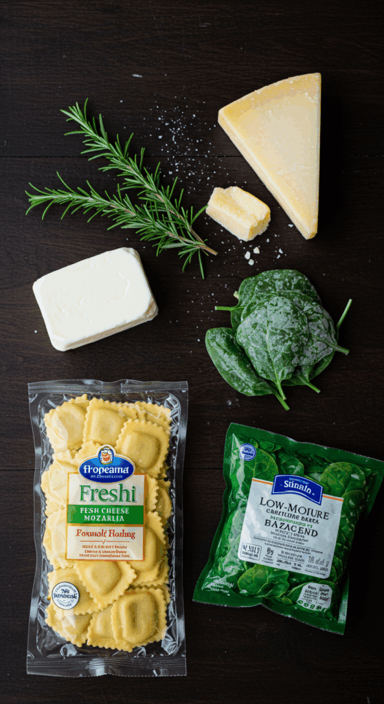 The simple, fresh ingredients for the easy Baked Spinach Ravioli recipe