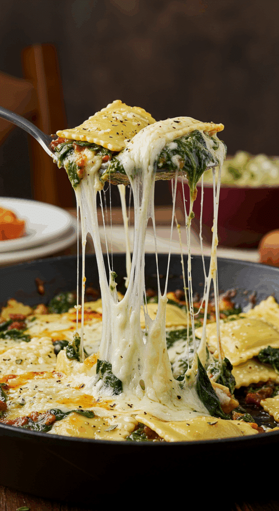 A cheesy, stringy scoop of Baked Spinach Ravioli being lifted from the skillet.