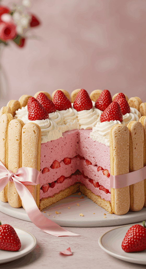 A stunning, elegant, and perfectly sliced Strawberry Charlotte Cake, tied with a ribbon.