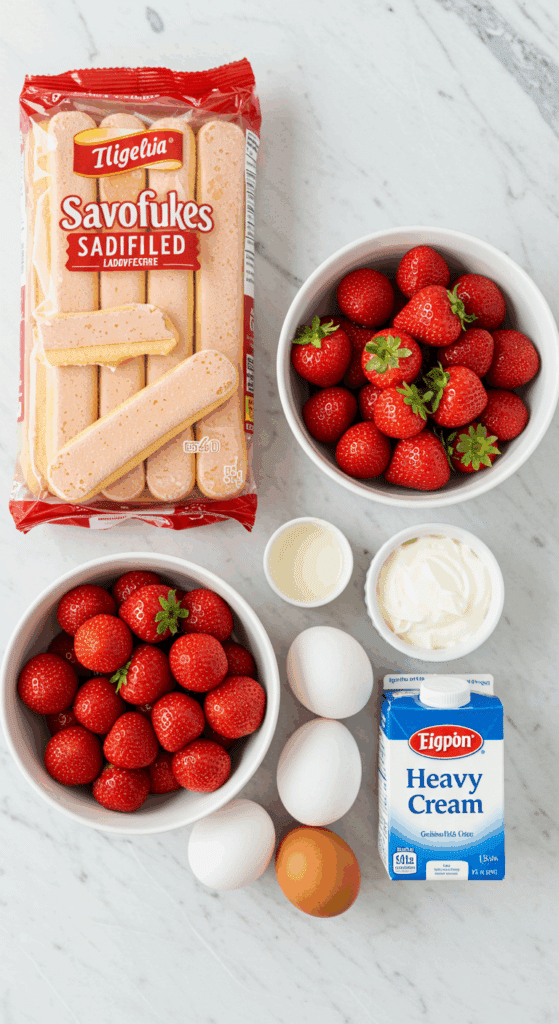 The fresh, elegant ingredients for the Strawberry Charlotte Cake recipe