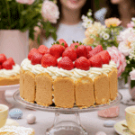 The beautiful Strawberry Charlotte Cake being served as the centerpiece at a spring celebration.