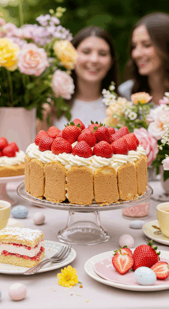The beautiful Strawberry Charlotte Cake being served as the centerpiece at a spring celebration.