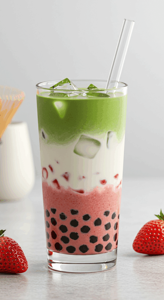 A beautiful, layered Strawberry Matcha Boba in a tall glass showing the pink, white, and green layers.