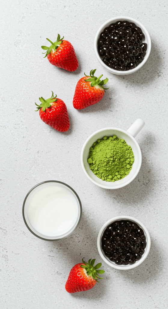 The fresh, colorful ingredients for the Strawberry Matcha Boba recipe.