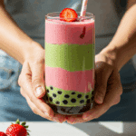 A person's hands holding a tall, refreshing glass of a layered Strawberry Matcha Boba.