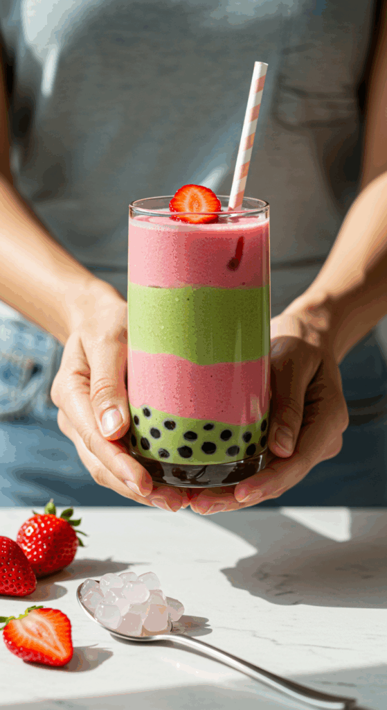 A person's hands holding a tall, refreshing glass of a layered Strawberry Matcha Boba.