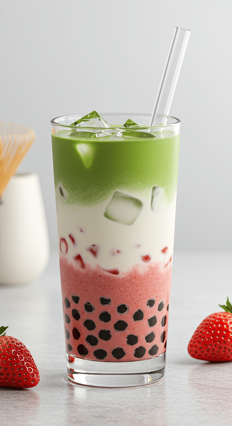 A beautiful, layered Strawberry Matcha Boba in a tall glass showing the pink, white, and green layers.