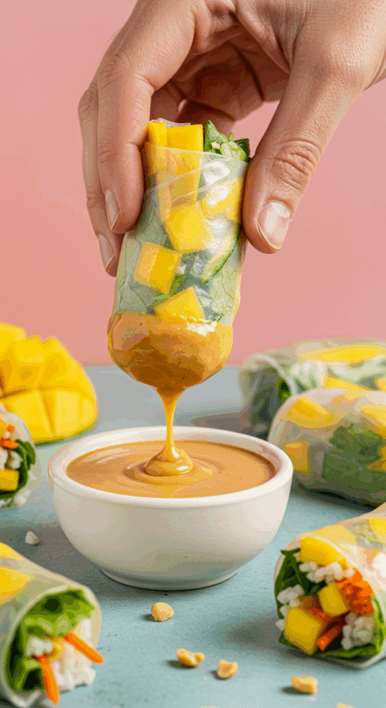 A hand dipping a Mango Summer Roll into a bowl of peanut sauce.
