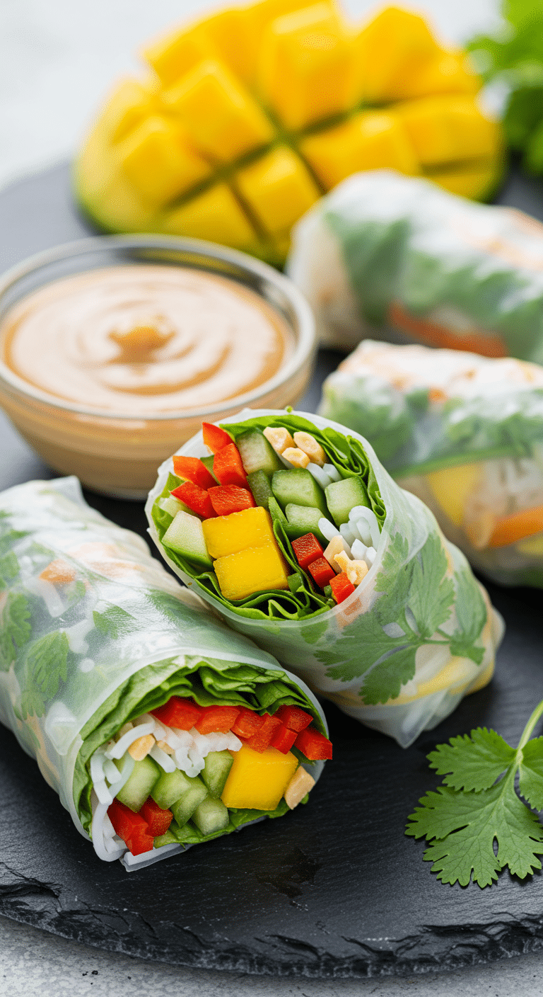 A platter of fresh, homemade Mango Summer Rolls with peanut dipping sauce.
