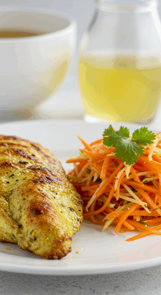 A plate of homemade Thai Green Curry Chicken with a side of carrot-ginger salad.
