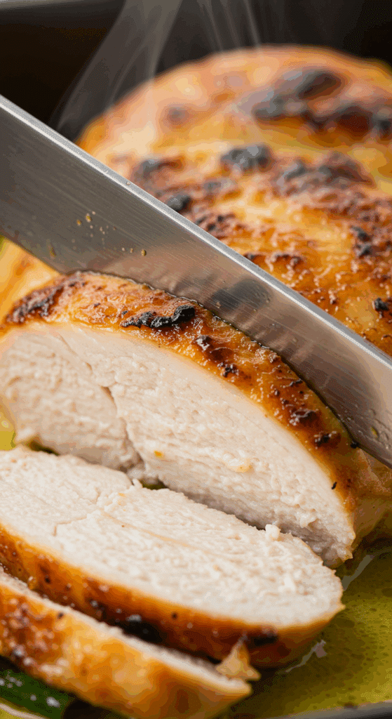 A knife slicing into the juicy, finished Thai Green Curry Chicken breast.