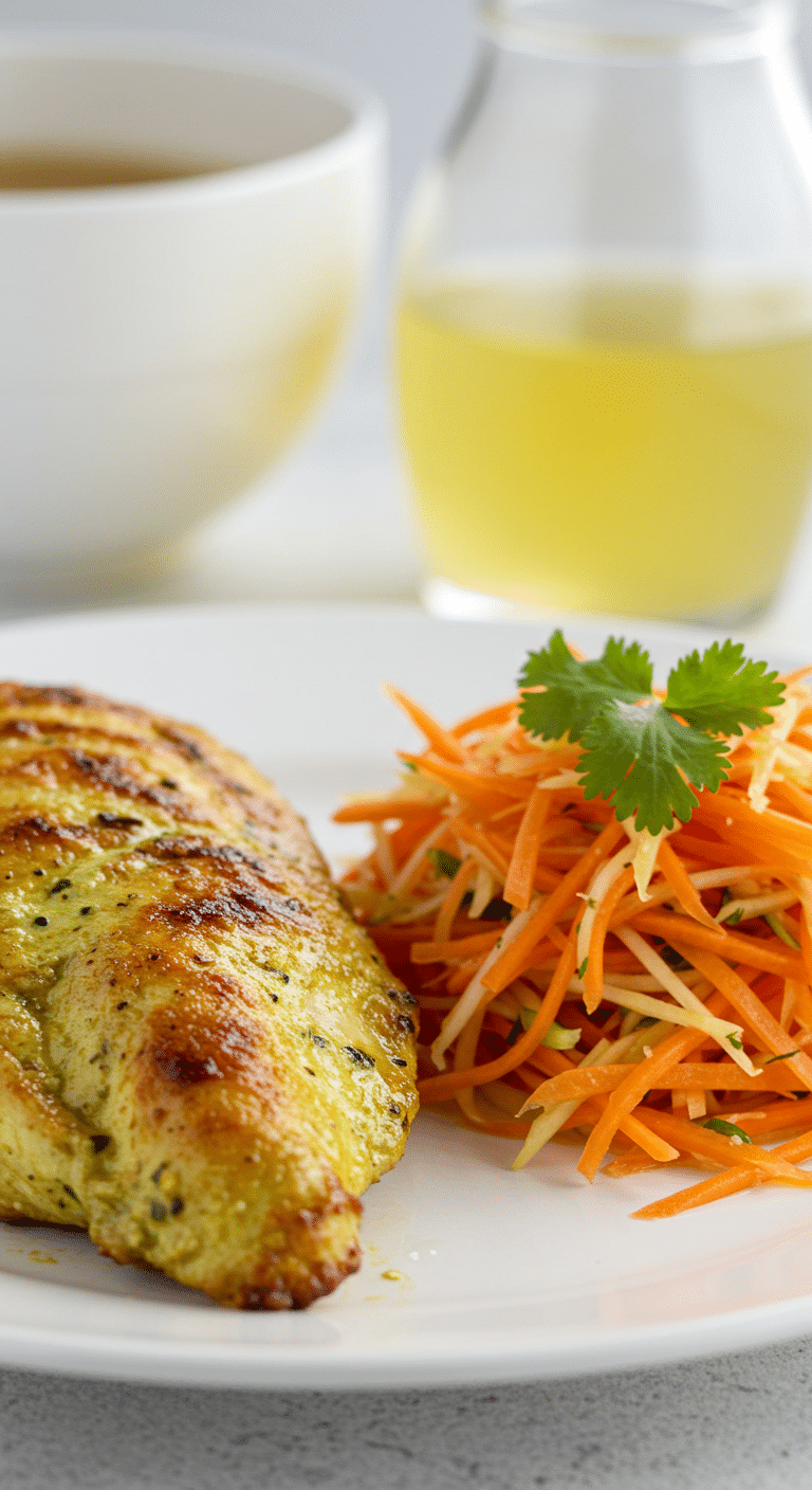 A plate of homemade Thai Green Curry Chicken with a side of carrot-ginger salad.