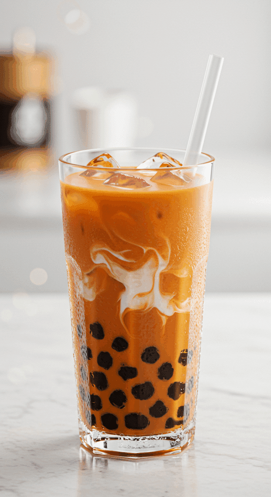 A tall, refreshing glass of homemade Thai Milk Tea Boba with chewy tapioca pearls and a cream float.