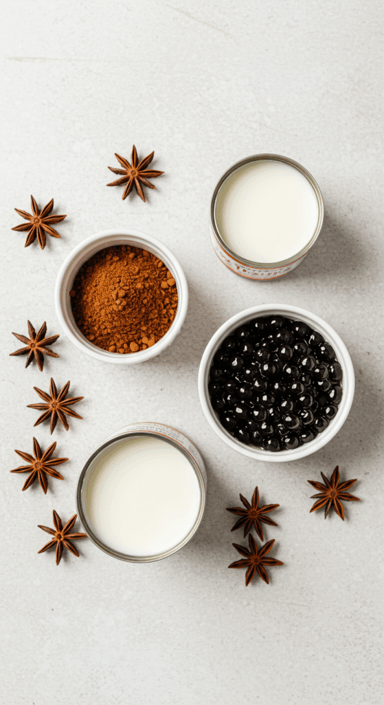 The simple, authentic ingredients for the homemade Thai Milk Tea Boba recipe.