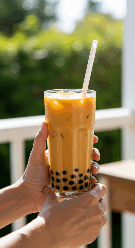 A person's hands holding a refreshing, cold glass of homemade Thai Milk Tea Boba on a sunny day.